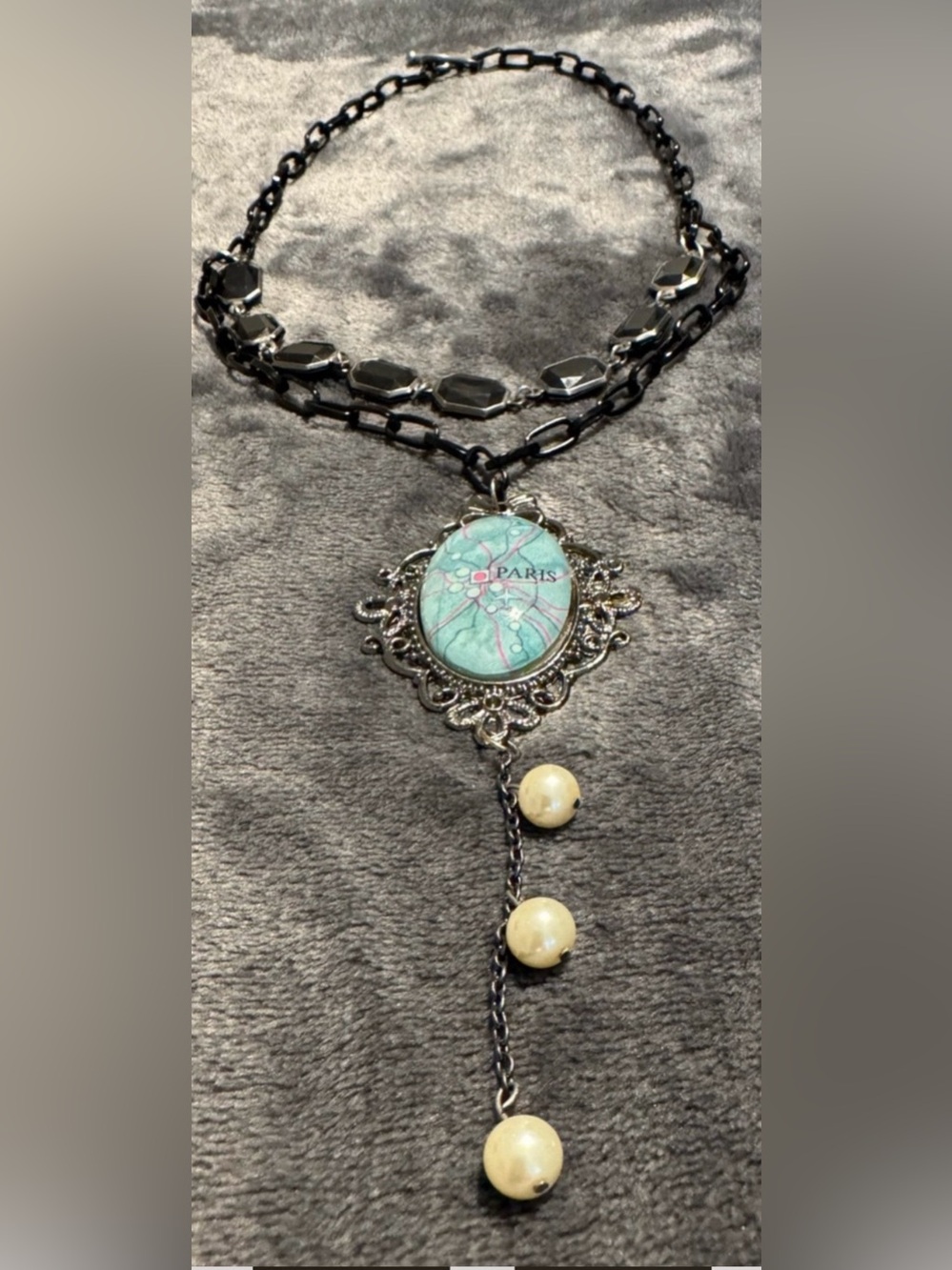 Vintage-Style Pendant Necklace with Turquoise Map Cabochon